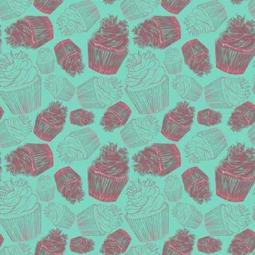 Stylish, seamless pastry pattern of pink cupcakes with sequins on a turquoise Stock Illustration