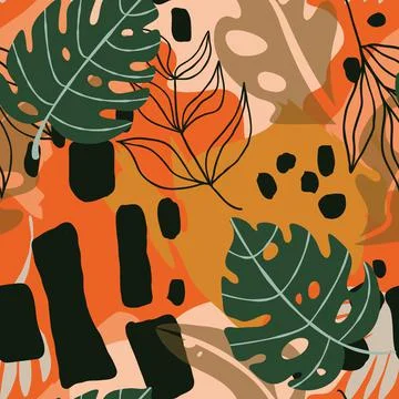 Stylish seamless pattern with exotic abstract tropical leaves and plants Stock Illustration