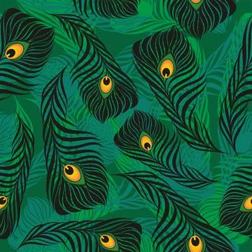 Stylish seamless pattern with peacock feathers. Vector illustration. Stock Illustration
