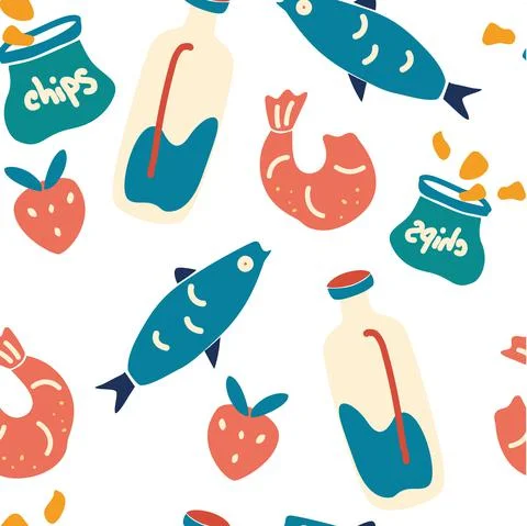 Stylish seamless pattern with products. Pattern with milk, fish, shrimp and s Stock Illustration