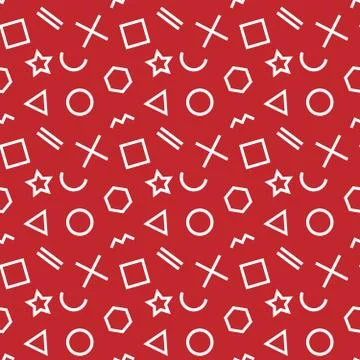 Stylish seamless pattern of simple white geometric shapes on red background Stock Illustration