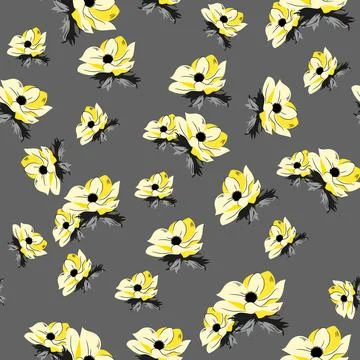 Stylish seamless pattern with yellow flowers and grey leaves on the white bac Stock Illustration