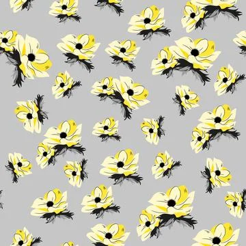 Stylish seamless pattern with yellow flowers and grey leaves on the white bac Stock Illustration