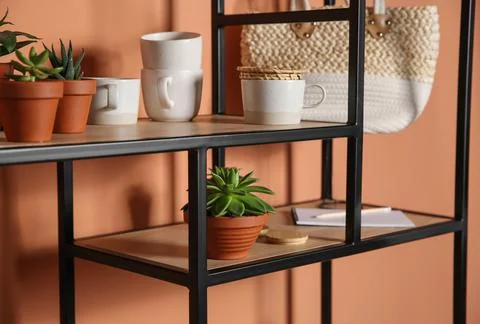 Stylish shelving unit with decorative elements near color wall. Interior desi Stock Photos
