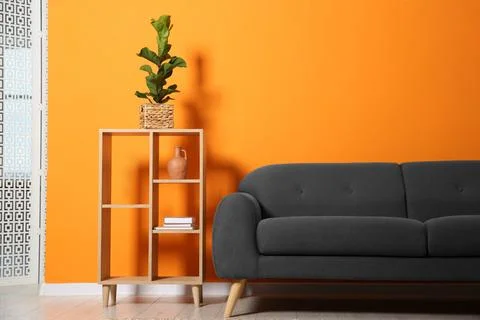 Stylish sofa and decor elements near orange wall in room Stock Photos