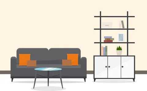 A stylish sofa with round table and book shelves office room interior Ilustração Stock