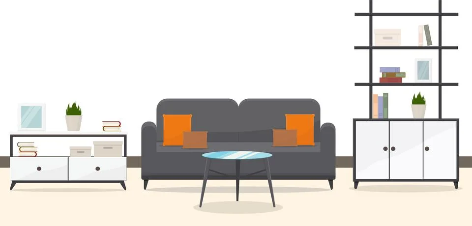 A stylish sofa with round table and book shelves office room interior Ilustração Stock