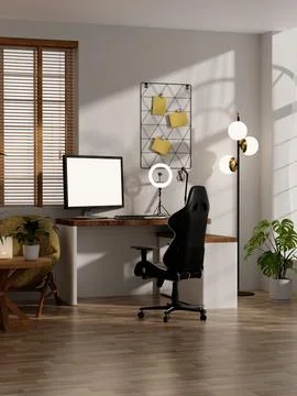 Stylish streaming room workspace with modern decor and effective lighting. 3D Stock Illustration