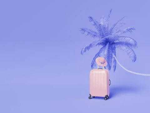 Stylish suitcase with hat placed in purple studio Stock Illustration
