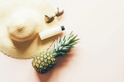 Stylish summer set with items needed on vacation in the tropics. Stock Photos