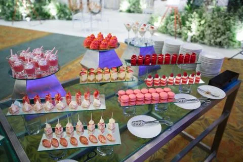 Stylish sweet candy buffe set at the wedding ceremony confectionery 스톡 사진
