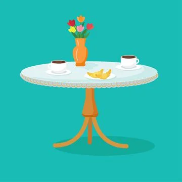 Stylish table in a cafe. Cartoon vector. Openwork tablecloth, coffee cups Stock Illustration