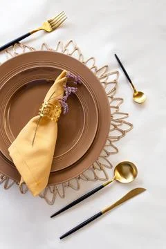 Stylish table setting cutlery on the table. top view or flat surface Foto stock