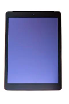 Stylish tablet PC computer with black frame and blank blue screen isolated .. Stock Illustration
