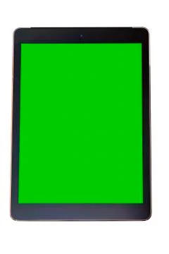 Stylish tablet PC computer with black frame and blank green screen isolated.. Stock Illustration