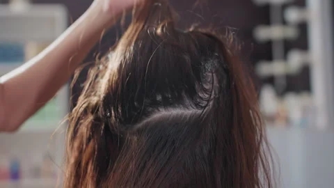 Stylish technician performing precise hair touchup process, experienced colorist Stock Footage 326129807