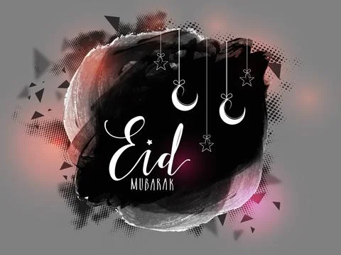 Stylish text Eid Mubarak with hanging Stars and Crescent Moon on black pain.. Stock Illustration