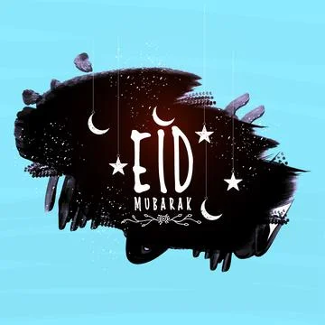Stylish text Eid Mubarak with hanging Stars and Crescent Moon on black pain.. Stock Illustration