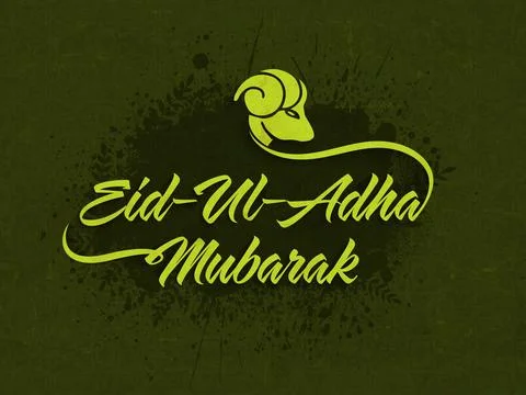 Stylish Text Eid-Ul-Adha Mubarak with Sheep Face on abstract splash, green .. Illustration