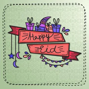 Stylish text Happy Eid on red ribbon with colourful elements, Elegant Greet.. Stock Illustration