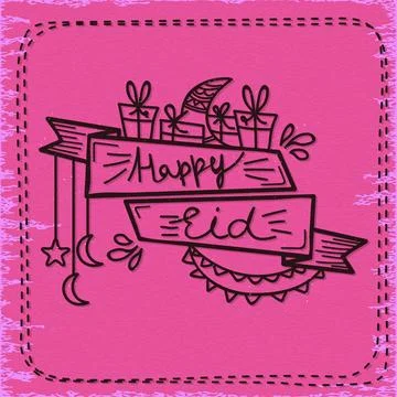Stylish text Happy Eid on ribbon with different elements, Elegant Greeting .. Stock Illustration