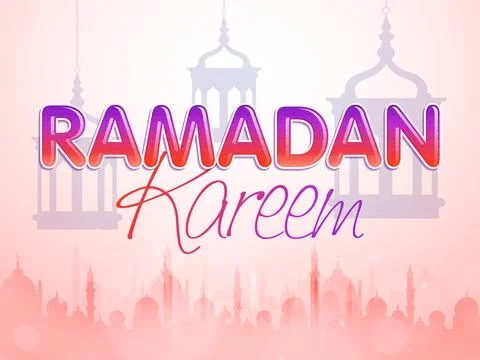 Stylish text Ramadan Kareem on hanging lanterns and mosque silhouette decor.. Stock Illustration