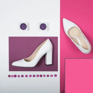 Stylish Trendy white heels . Summer fashion Outfit, Luxury Party shoes. Hipster Stock Photos