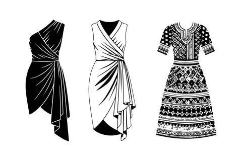 Stylish vector dresses with asymmetrical wrap and patterned designs for fashion Stock Illustration