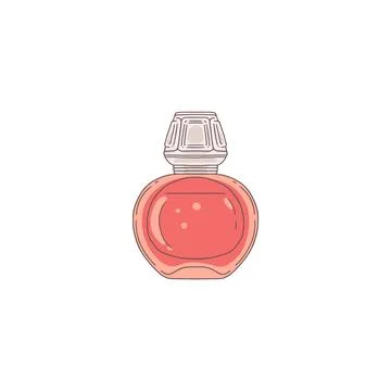 A stylish vector illustration of a red round glass perfume bottle is highligh Illustration