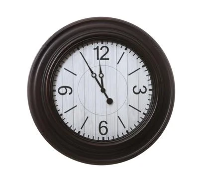 Stylish wall clock showing five minutes until midnight on white background. N Stock Photos