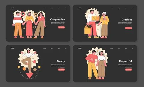 Stylish web design templates featuring vector characters embodying cooperation Stock Illustration