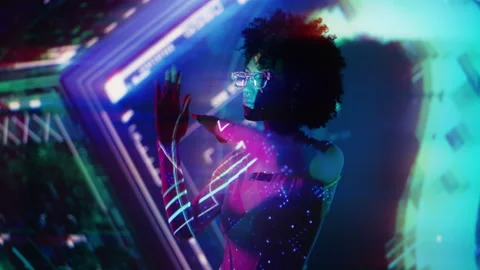 Stylish woman dancing robotically on futuristic digital backdrop, virtual realm Stock Footage 306284744