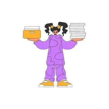 A stylish woman holds a stack of documents in her hands. Illustrazione stock