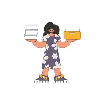 Stylish woman holds a stack of documents in her hands. 库存插图