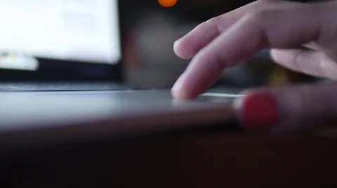 Stylish women's hand on the touchpad computer on web site. Pano shot Stock Footage 56531272