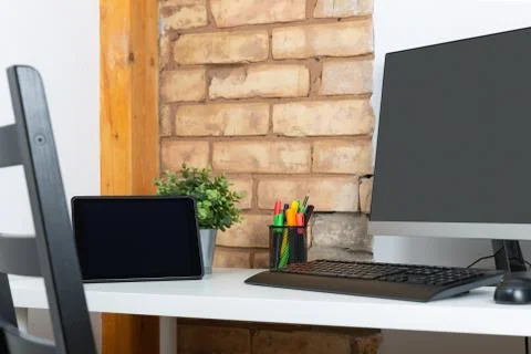 Stylish workplace with computer at home Stock Photos