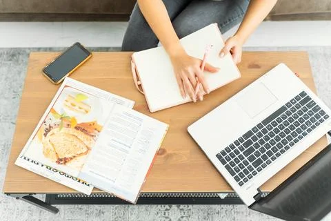Stylish workplace top view, flat lay. Female business, career. Home office Stock Photos