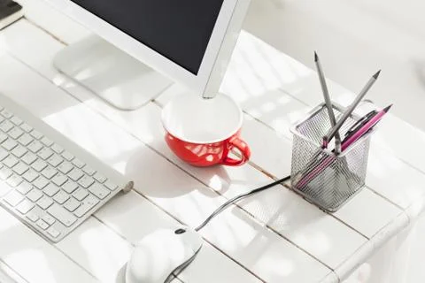 Stylish workspace with computer on home or studio Stock Photos