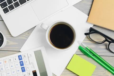 Stylish workspace with desktop computer, office supplies at office. Work desk Stock Photos
