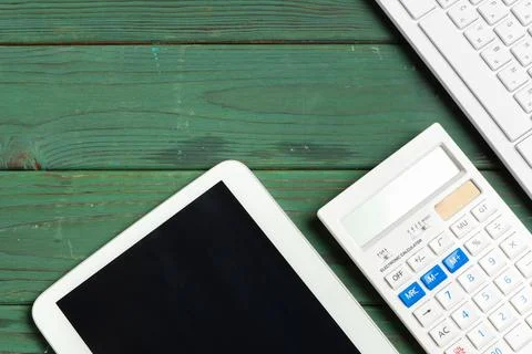 Stylish workspace with desktop computer, office supplies at office. Work desk Stock Photos