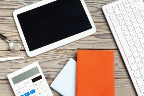 Stylish workspace with desktop computer, office supplies at office. Work desk Stock Photos