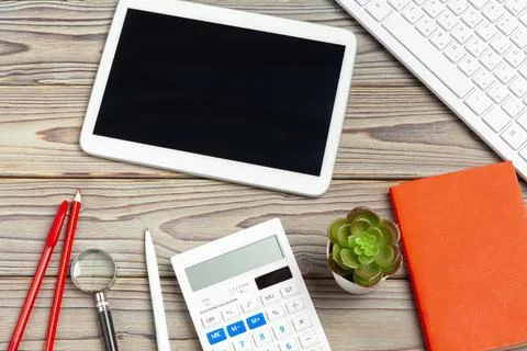 Stylish workspace with desktop computer, office supplies at office. Work desk Stock Photos