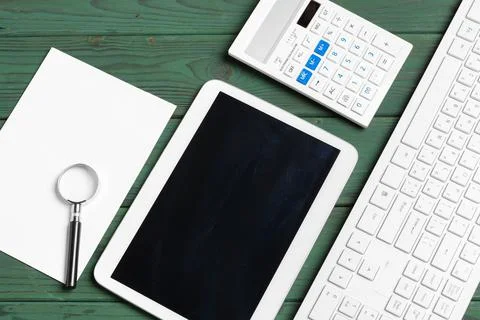 Stylish workspace with desktop computer, office supplies at office. Work desk Stock Photos