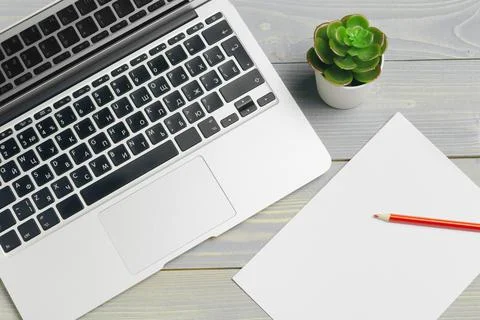 Stylish workspace with desktop computer, office supplies at office. Work desk Stock Photos