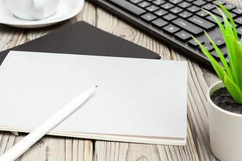 Stylish workspace with desktop computer, office supplies at office. Work desk Stock Photos