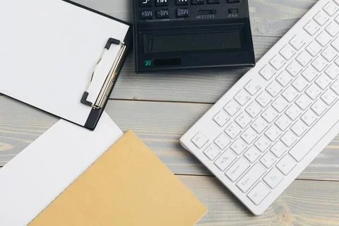 Stylish workspace with desktop computer, office supplies at office. Work desk Stock Photos