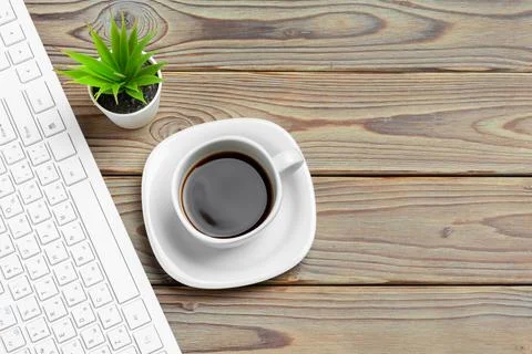 Stylish workspace with desktop computer, office supplies at office. Work desk Stock Photos