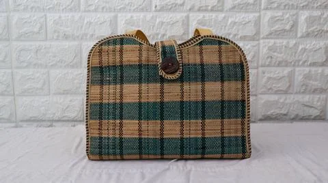 Stylish woven handbag with a checkered pattern in green and beige against a.. Stock Photos