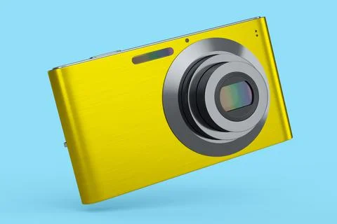 Stylish yellow compact pocket digital camera isolated on blue background Illustrazione stock