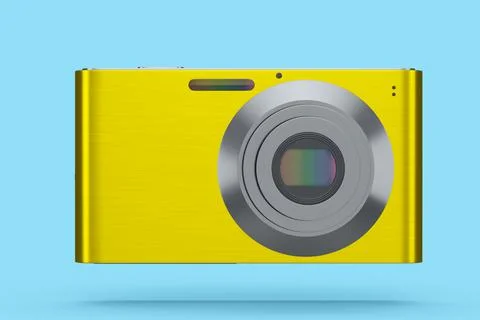 Stylish yellow compact pocket digital camera isolated on blue background Stock Illustration